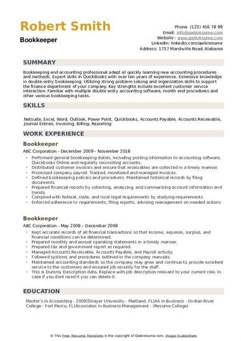 See also these example below Bookkeeper Resume Samples | QwikResume