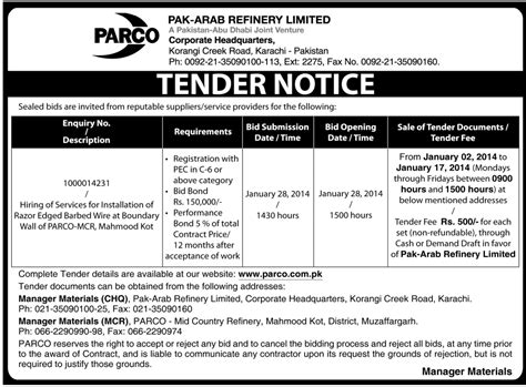 Malaysian malay contractors association president datuk mokhtar samad said its members welcomed the government's commitment and support for open tenders. Tender Notice - PARCO Karachi ~ Publicpaper.blogspot.com