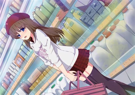 brunettes indoors blue eyes skirts long hair thigh highs open mouth hats anime