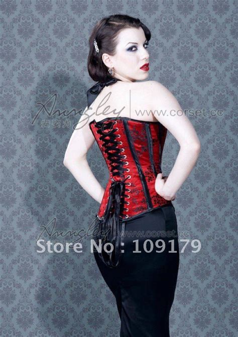 Annzley Corset Custom Black Strap Floral Red Satin Steel Boned Corsets