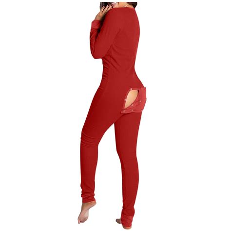 Sexy Pyjama Jumpsuit With Butt Flap Ladies Sleepsuit Onezee Soild