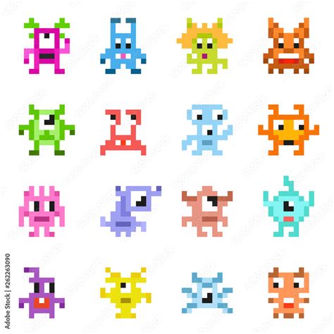 Pixel 8 Bit Monster Set Various Square Retro Monsters Of Pixels