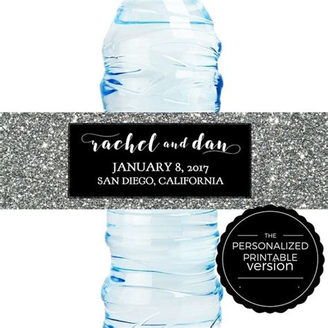 Diy Silver Glitter Personalized Printable Wedding Water Bottle