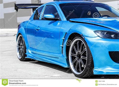 Blue Sport Car On Race Way Closeup Capture Stock Photo Image Of