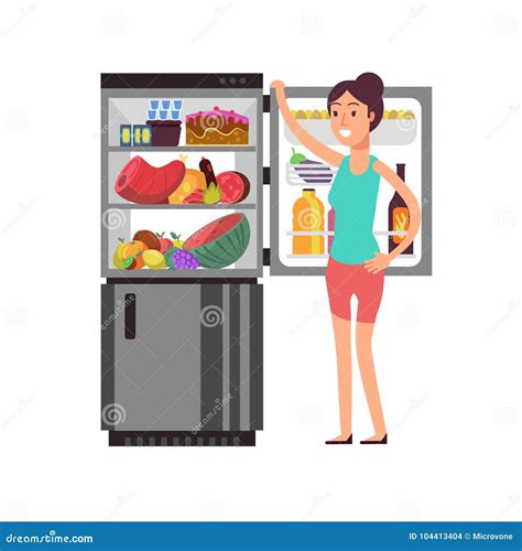 El Snacking De Pensamiento De La Mujer En El Refrigerador Con La Comida