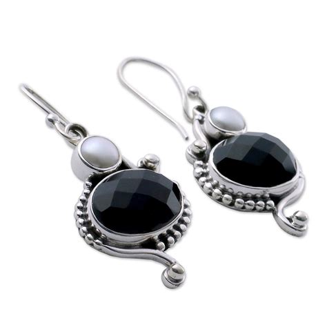 Black Onyx Pearl Earrings Black Stone Earrings Pearl Etsy Uk
