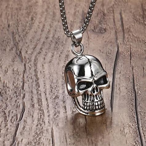 Mens Stainless Steel Skull Pendant Necklace In Silver Tone Biker Punk