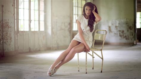 Wallpaper Women Long Hair Brunette Legs Sitting White Dress
