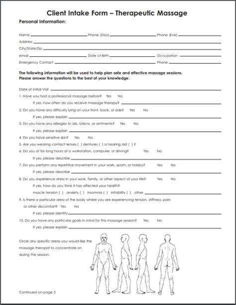 Ms Word Editable Massage Client Intake Form Printable