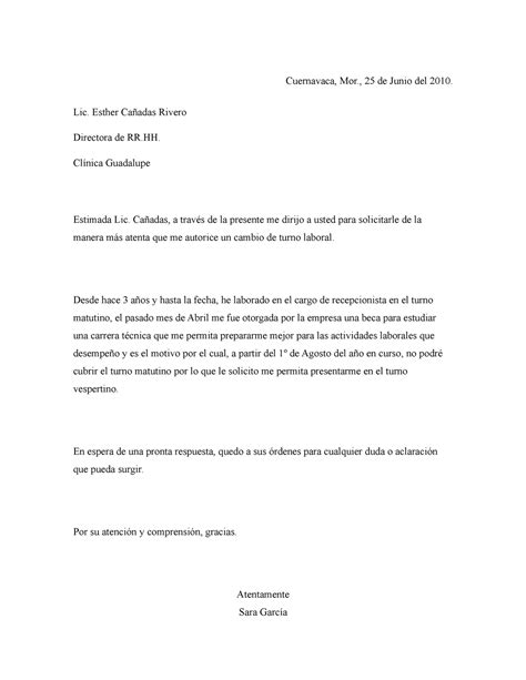 Carta De Solicitud De Cambio De Turno Cuernavaca Mor 25 De Junio