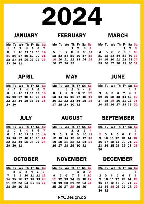 2024 Calendar With Us Holidays Printable Free Orange Yellow Monday