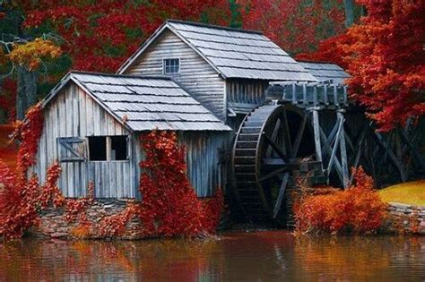 Beautiful Fall Water Wheel Autumn Scenery Water Mill