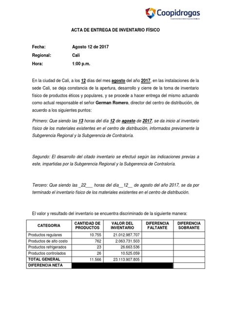 Acta De Entrega De Inventario Físico Pdf Inventario Business