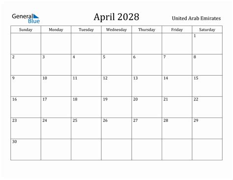 April 2028 Monthly Calendar With United Arab Emirates Holidays
