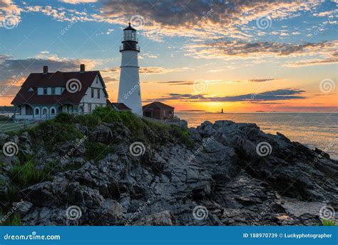 Sunrise At Portland Lighthouse In New England Stock Image Image Of