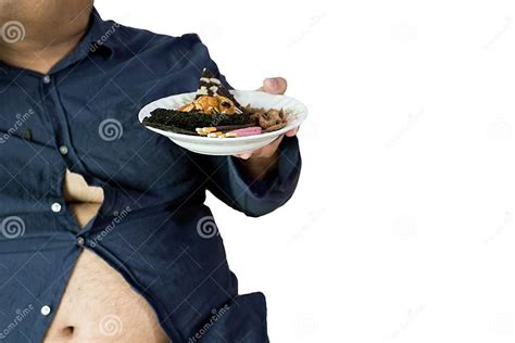 Fat Man Eating Portrait Of Overweight Person Feels Hungry And E Stock