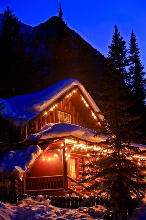 Snow Covered Log Cabin Dusk Winter Scene Photo Information