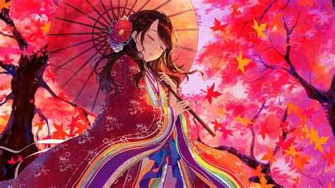 Anime Girl Kimono Maple Trees Autumn 4k 66 Wallpaper Pc Desktop