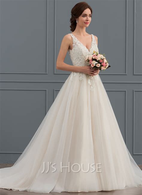 Ball Gownprincess V Neck Court Train Tulle Wedding Dress 421280184