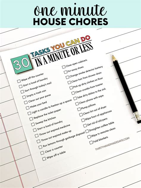 One Minute House Chores Printable From Thirty Handmade Days