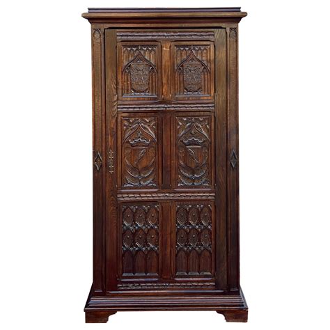 Antique French Armoire Linen Cabinet Wardrobe Chest Gothic Revival Oak