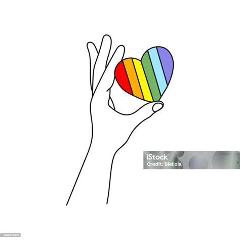 Mano Che Tiene Il Cuore Arcobaleno Simbolo Lgbt Line Art Immagini Vettoriali Stock E Altre