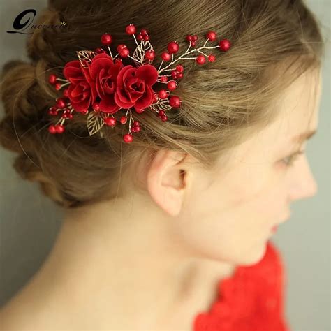 Red Rose Flower Hair Clip Hairpins Ornaments Bridal Wedding Dress