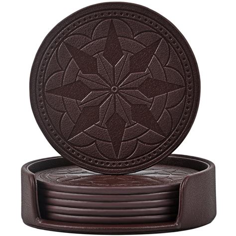 365park Coasterspu Leather Coasters For Drinks Set Of 6 With Holder