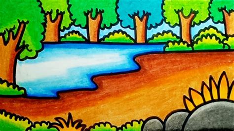 How To Draw Forest Scenery Easy With Crayons Drawing Forest Scenery
