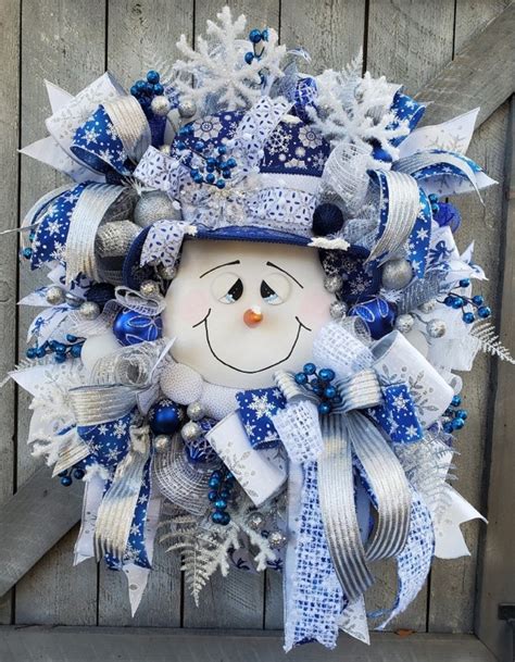 Blue Snowman Wreath Christmas Wreaths Front Door Blue Etsy