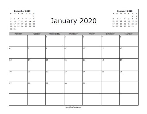 January 2020 Calendar Free Printable