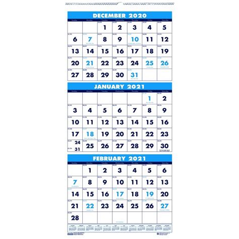 Three Month Vertical Wall Calendar 8 X 17 Inches