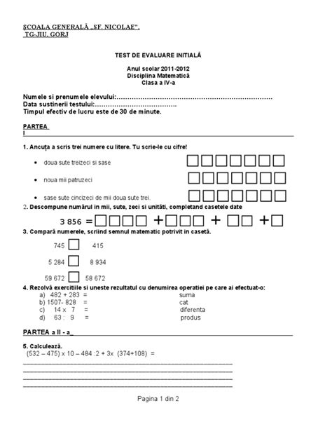 Test De Evaluare Initiala La Matematica Clasa A Iva 20112012