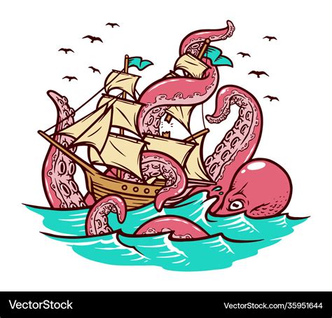 Octopus Attacks Sailing Ship Royalty Free Vector Image