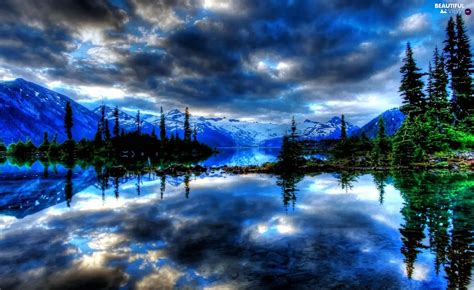 Lake Mountains Viewes Reflection Trees Clouds Beautiful Views