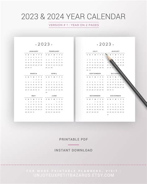 2023 2024 Yearly Calendar Printable Planner Insert Dated Etsy