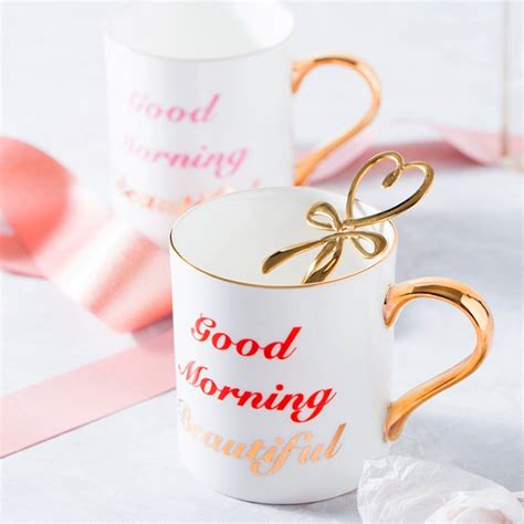 Good Morning High Grade Bone China Coffee Mug With Gold Handle Couple