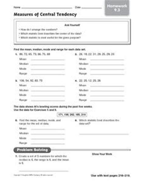 Central tendency is commonly measured by determining the mean, the median, and the mode. Measures of Central Tendency - Homework 9.3 Worksheet for ...