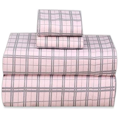 Ruvanti 100 Cotton 4 Piece Flannel Sheets Queen Pink And Grey Plaid Deep