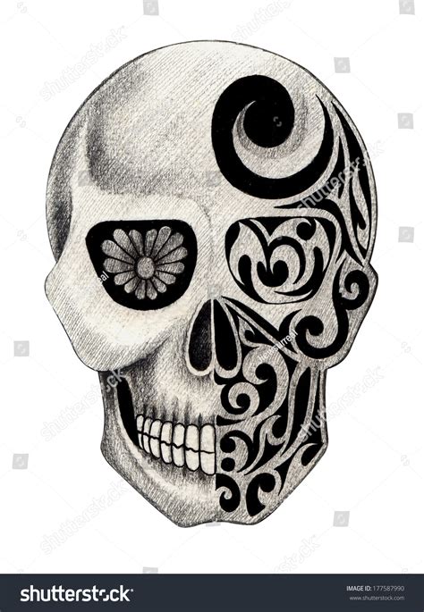 Skull Tattoo Hand Drawing On Paper Stock Illustration 177587990