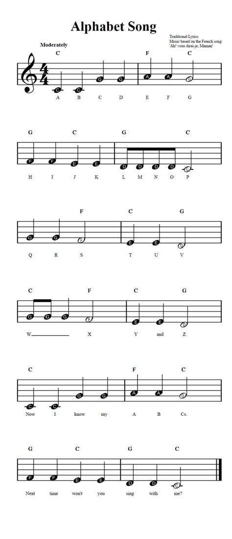 Alphabet Song Beginner Sheet Music With Chords And Lyrics