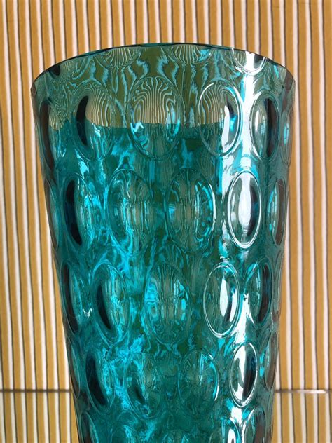 Vintage Turquoise Glass Vase With Oval Imprints France Mid 20th Century At 1stdibs