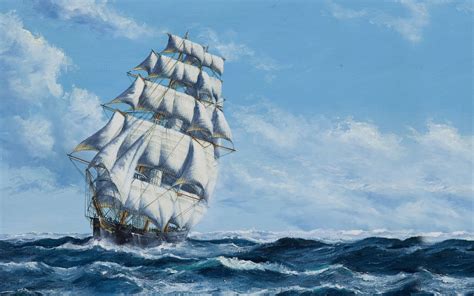 Water Sky Clouds Sailing Ship Painting Sea Waves Wallpapers Hd