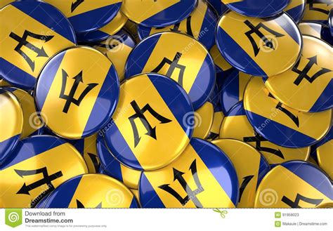 Barbados Badges Background Pile Of Barbadian Flag Buttons Stock Image