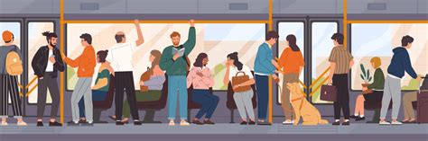 Different Cartoon People Go By Public Transport Vector Flat