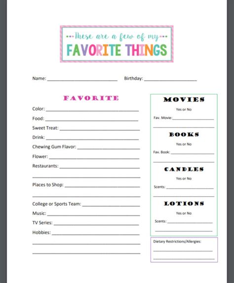 Printable Favorite Things Form Etsy