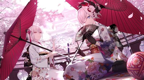 Umbrella Okita Souji White Hair 1080p Cherry Blossom Fategrand