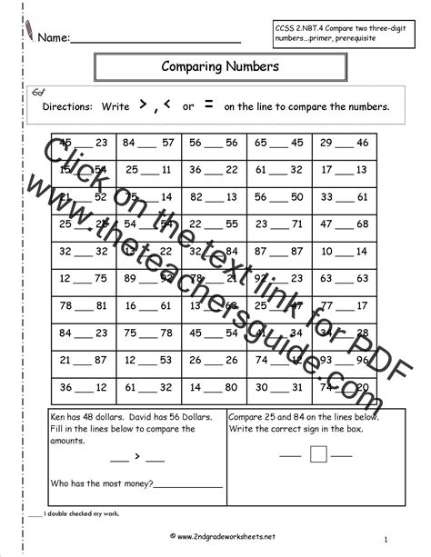 Comparing Three-digit Numbers Second Grade Worksheets Common Core