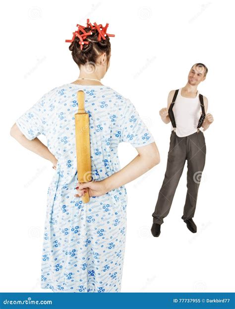 Couple Problem Stereotypical Wife With Rolling Pin And Her Husband
