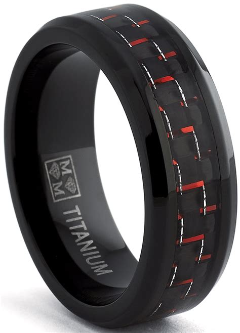 Mens Black Titanium Wedding Band Ring With Black And Red Carbon Fiber Inlay Comfort Fit 8mm